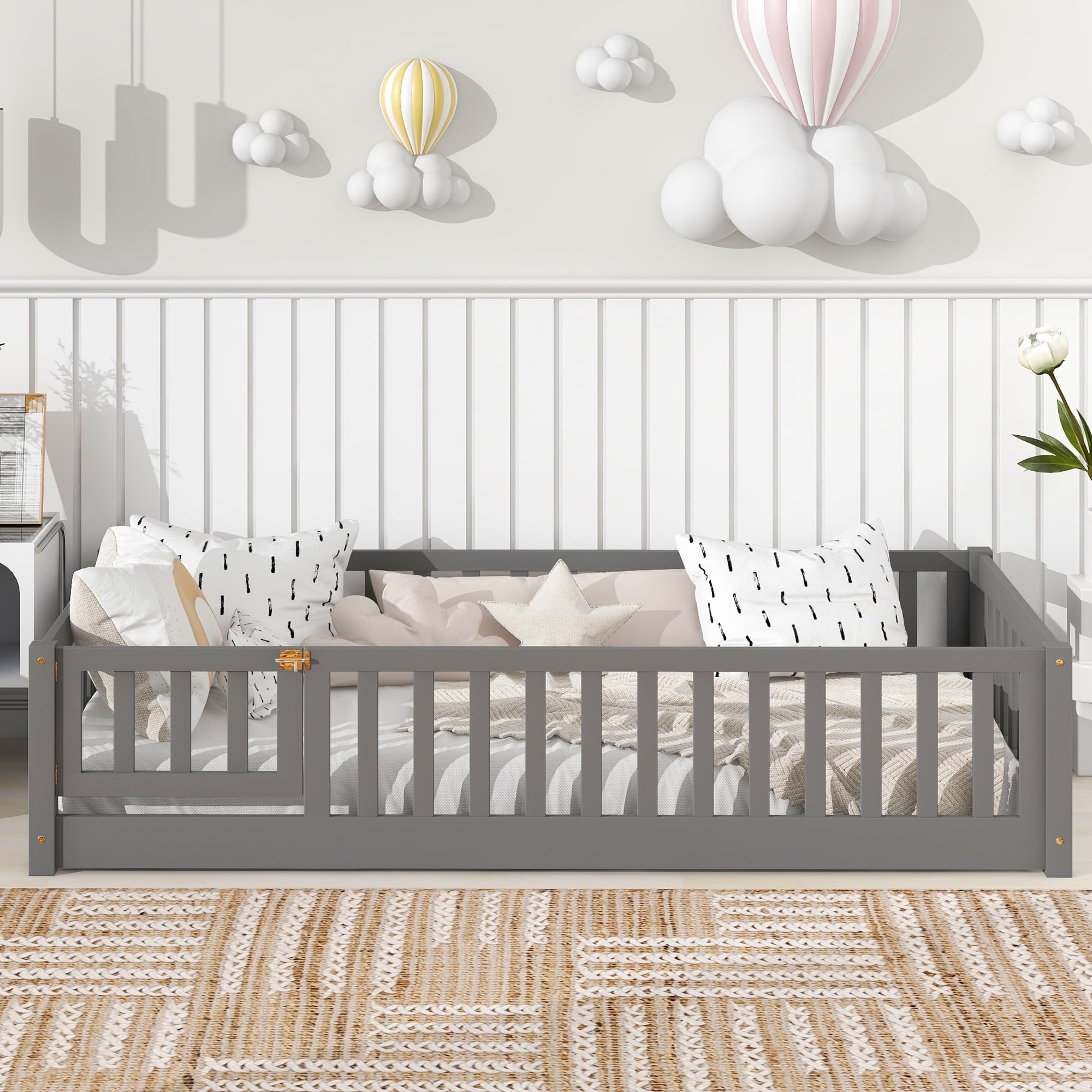 Paproos Twin Size Floor Platform Bed with Fence and Door, Solid Wood Playhouse Bed for Kids, Toddlers, Boys, Girls, No Box Spring Needed, Montessori Bed Frame with Support Slats, Twin Bed Frame, Gray