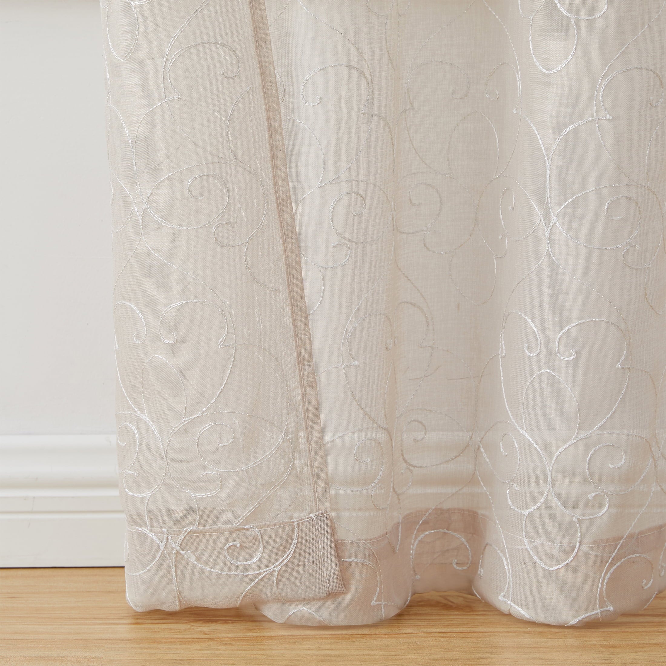 Mainstays Modern Scroll BeigeRod Pocket Sheer Curtain Set, 28