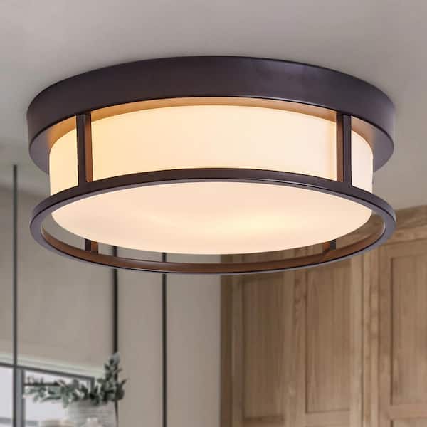 13 in. 2-Light Black Flush Mount Ceiling Light with Drum White Glass Shade