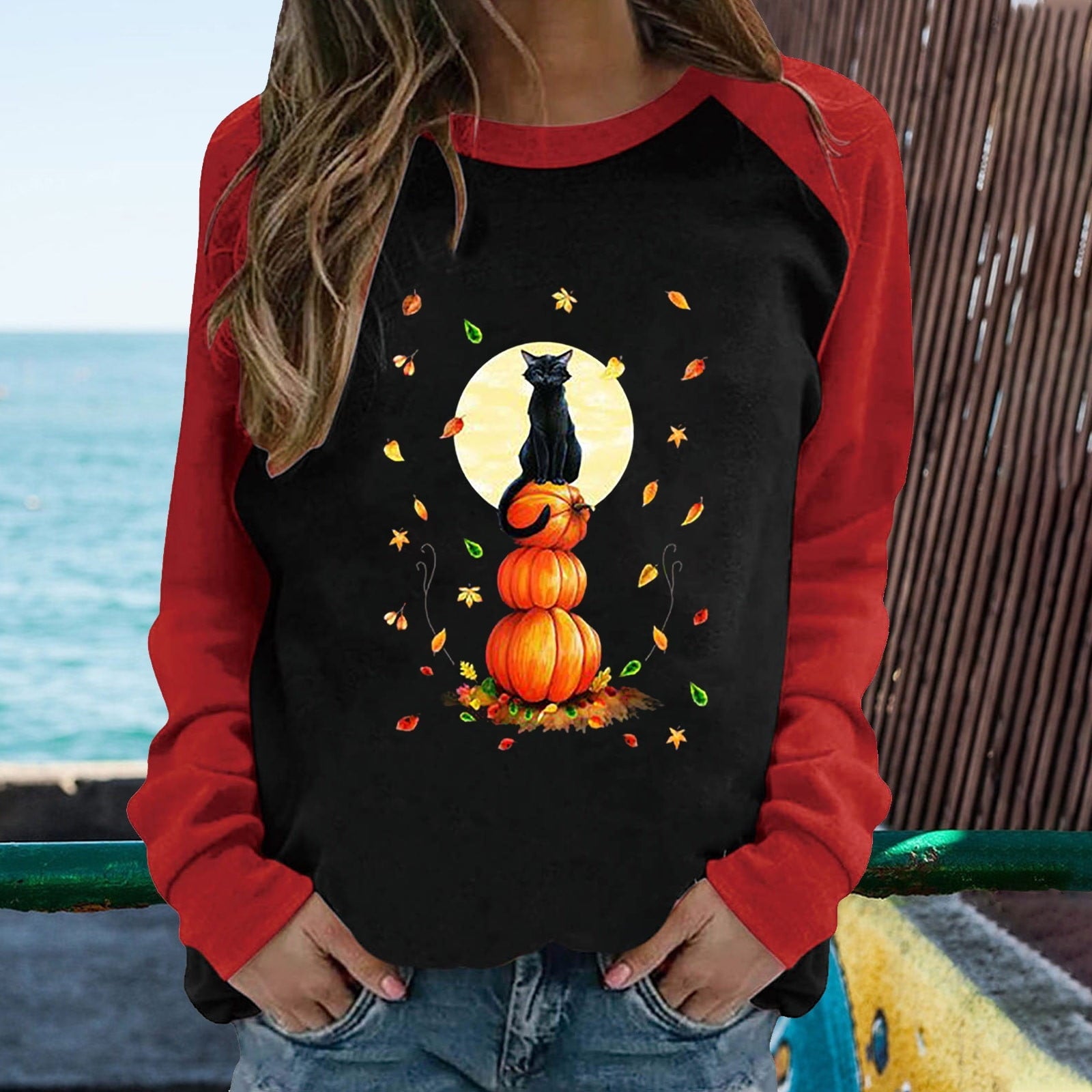 YFPWM Halloween Clothes for Women Autumn Winter Tops Pumpkin Witch T-shirt Halloween Witch Hat Print Top Spring Patchwork Print Long Sleeve Round Neck Tops