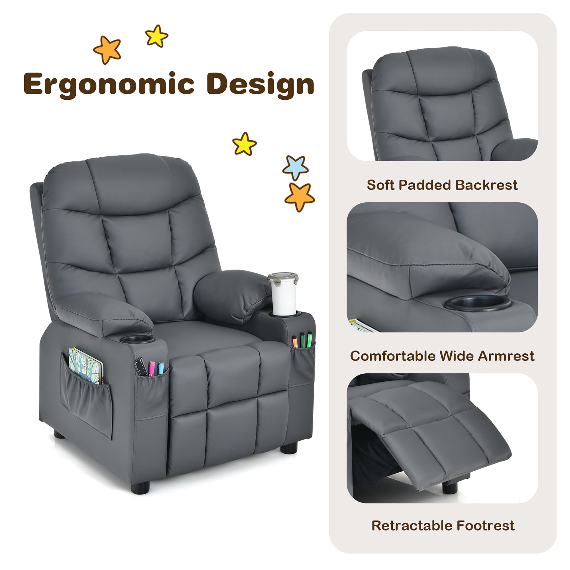 Costway Kids Youth Recliner Chair PU Leather w/Cup Holders & Side Pockets Grey