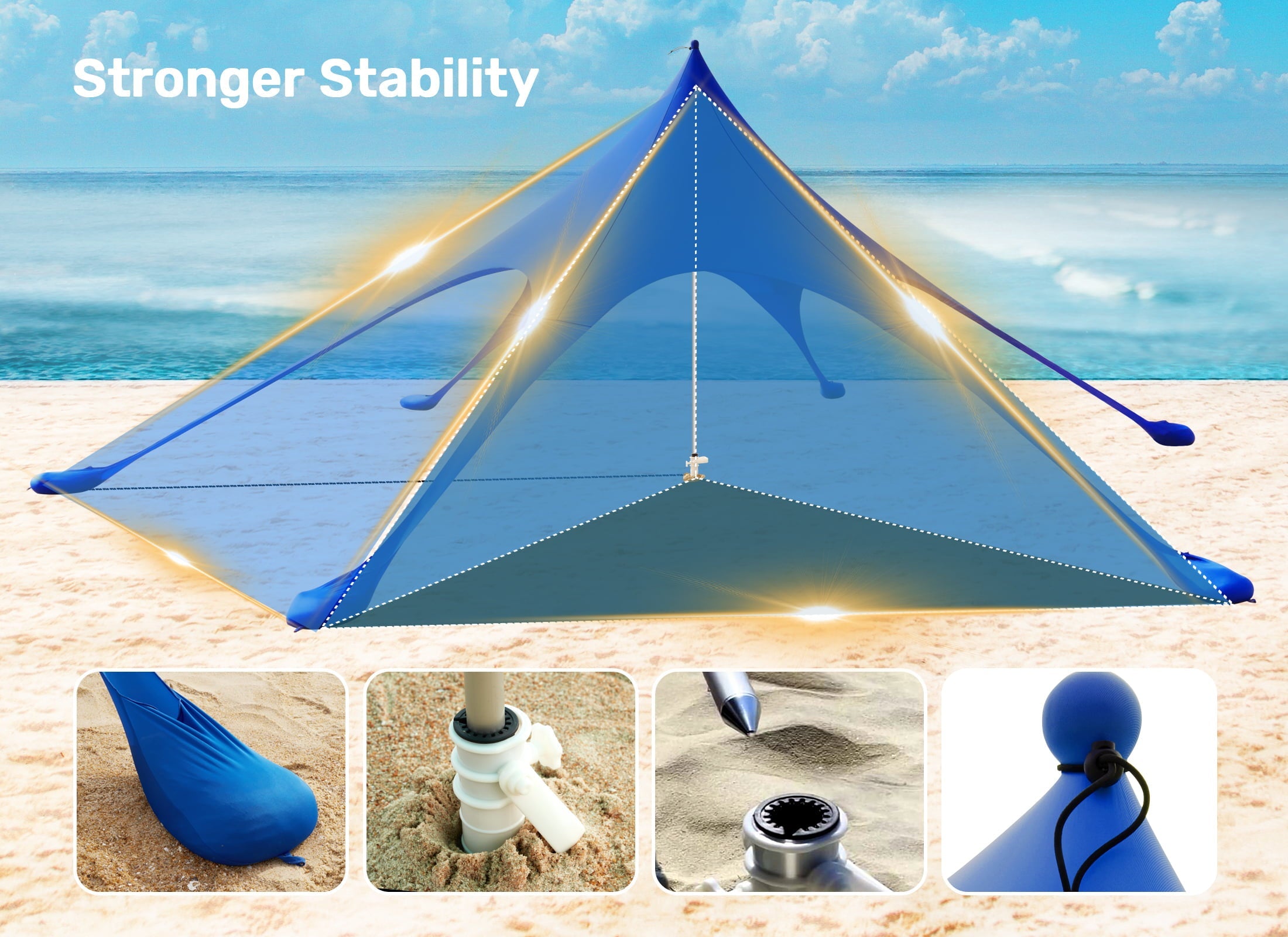 Beach Canopy Tent Sun Shade, VECUKTY 12x12 FT Beach Tent Sun Shelter UPF 50+ UV Protection with Sandbags , 1 Stability Poles and Ground Pegs and Anti-Wind Ropes,Blue