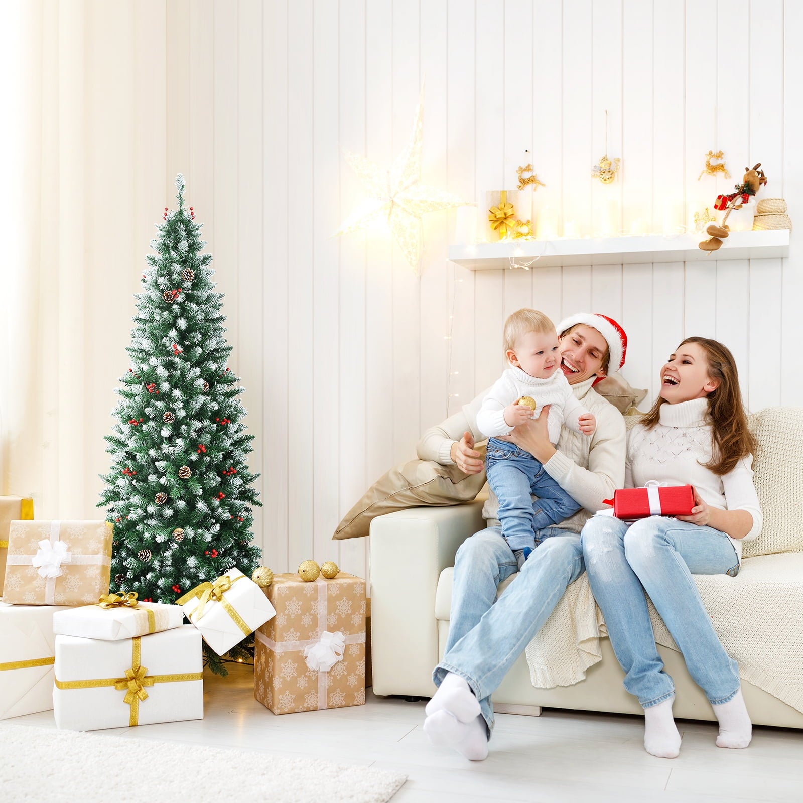 Topbuy 5ft Pre-lit Artificial Christmas Tree Slim Artificial Xmas Tree w/ 250 Replaceable LED Lights & 408 Branch Tips