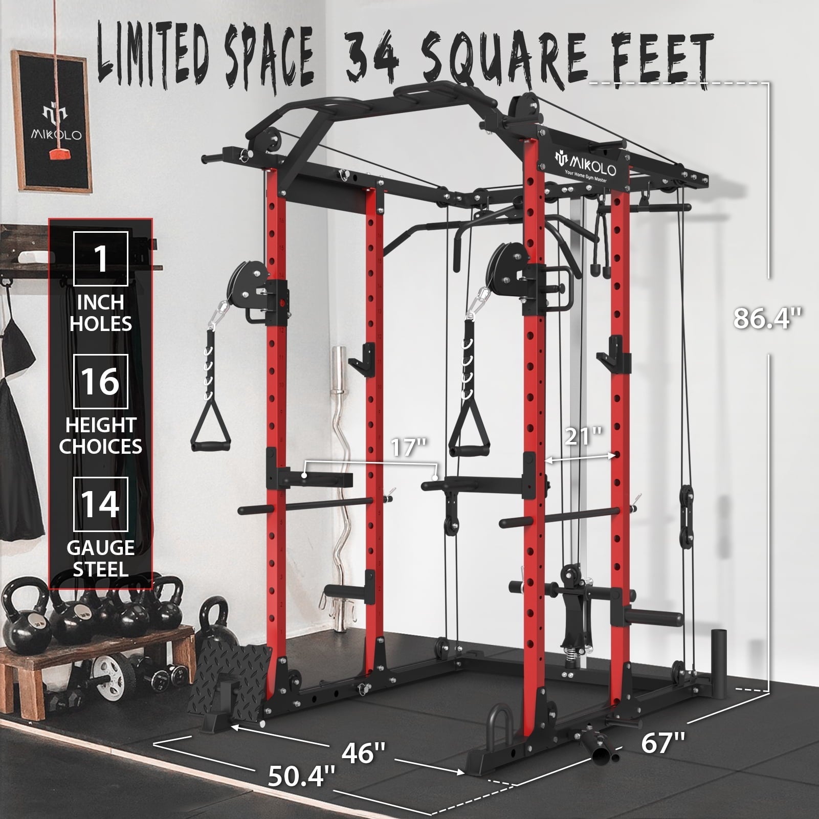 Mikolo Power Rack Cage, 1500 lbs Weight Rack with Cable Crossover Machine,Multi-Function Squat Rack with J Hooks,Dip Bars and Landmine for Home Gym (Red)