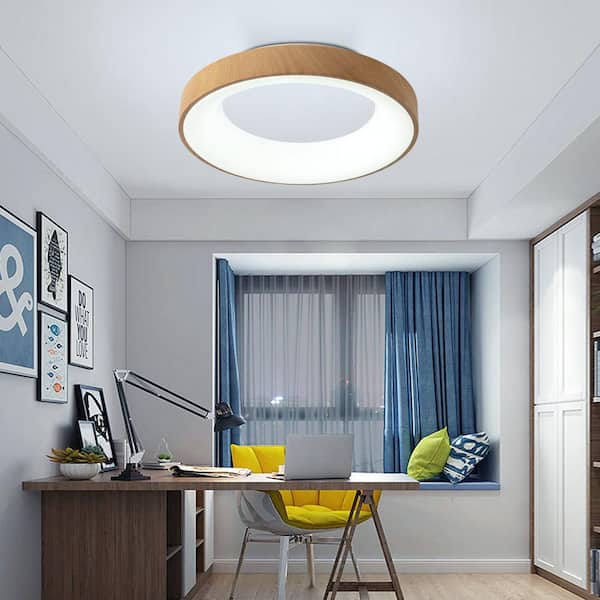 18.5 in. 1-Light Modern Wood 3 Colors Selectable LED Flush Mount Ceiling Light with Acrylic Shade