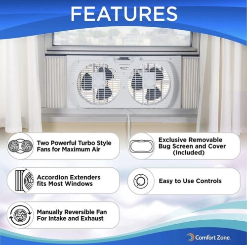 Comfort Zone Window Fan 2 Speed Dual Fan 22” To 33” Expandable
