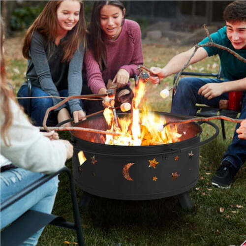 Iron Fire Pit Set Heating Equipment Camping Fire Bowl with Poker Mesh Cover BBQ