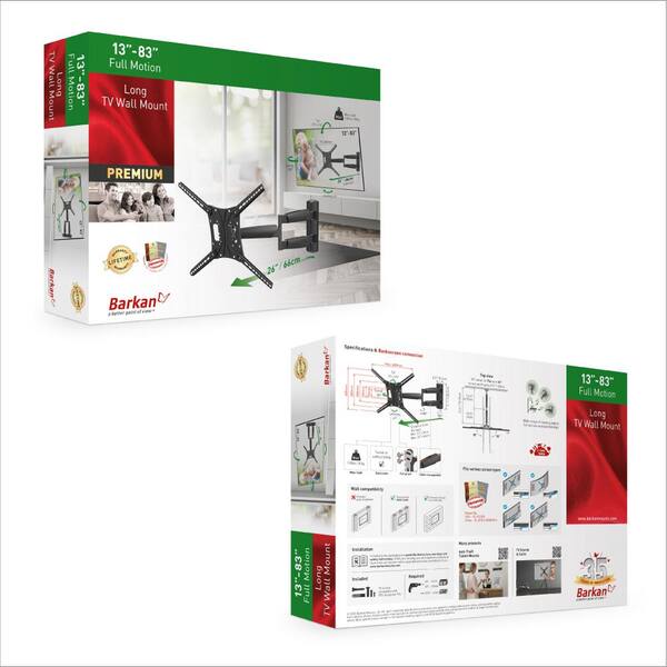 Barkan 13 in. to 75 in. Black Full Motion - 4 Movement Long Premium Flat/Curved TV Wall Mount Extremely Extendable