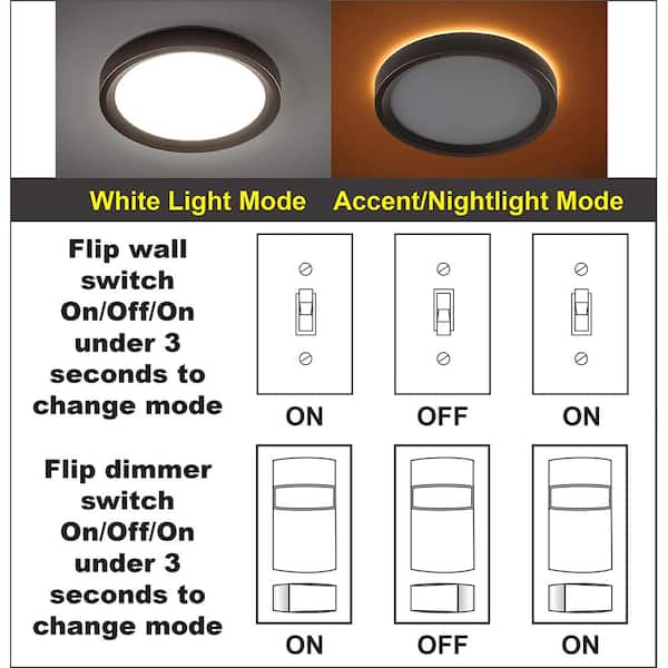9 in. White, Oil Rubbed Bronze Trims 800 Lumens LED Flush Mount Ceiling Light Fixture with Night Light Adjustable CCT