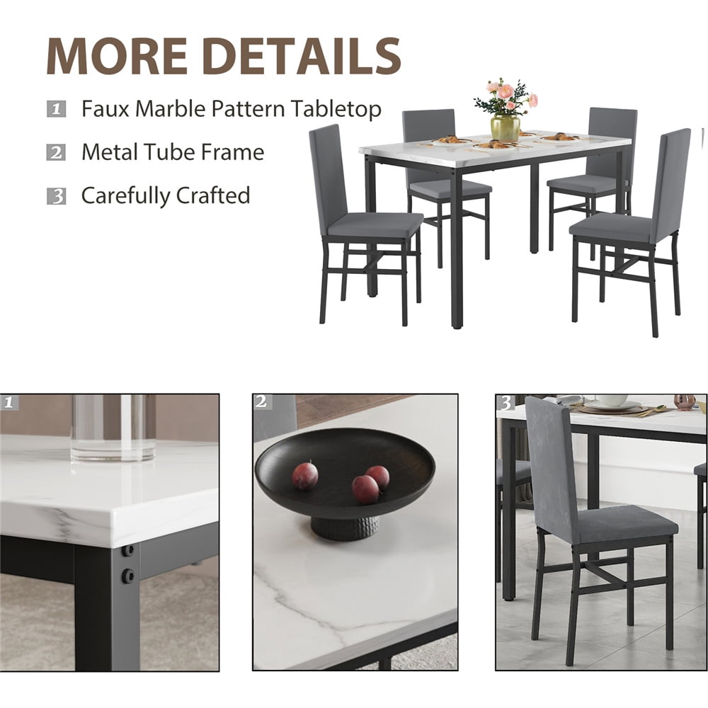 5 Piece Dining Room Table Set, Modern Dining Table Sets with Gray Velvet Upholstered Chairs for 4, Faux Marble Pattern Rectangle Kitchen Table Set for Bar Living RoomBreakfast NookSmall Space, L802