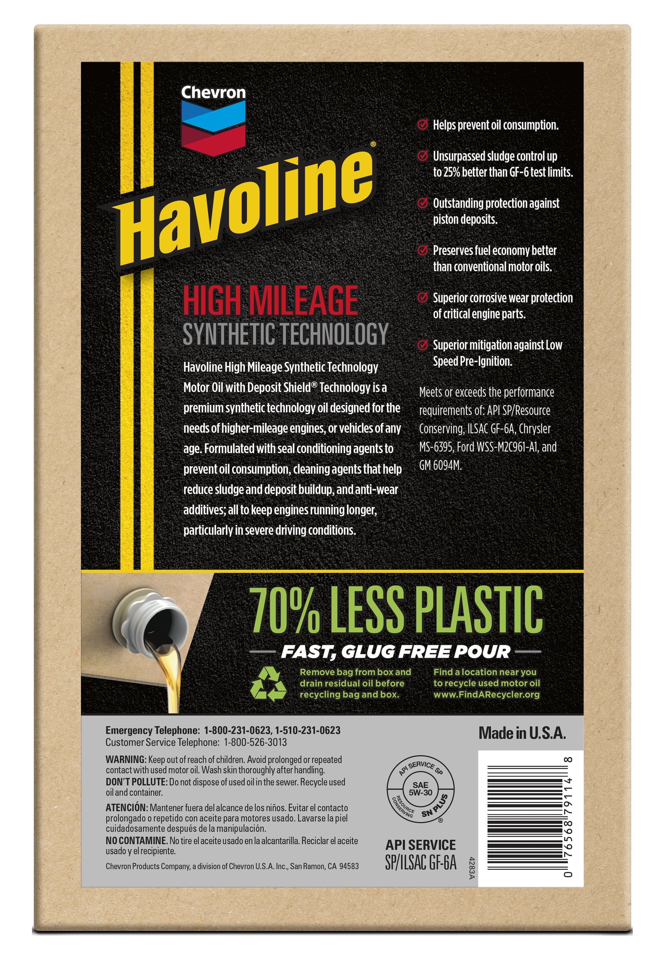 Chevron Havoline High Mileage Synthetic Technology Motor Oil 5W-30, 6 Quart Smart Change Box