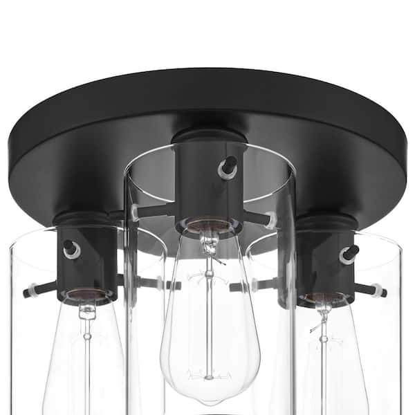 Regan 11.75 in. 3-Light Matte Black Flush Mount with Clear Glass Shades