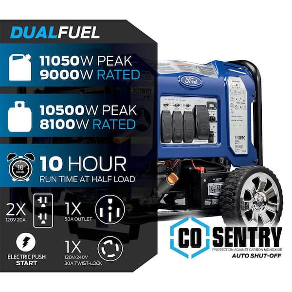 11,050-Watt/10,050-Watt Dual-Fuel Gasoline and Propane with Recoil Start Portable Generator, CO Shutoff