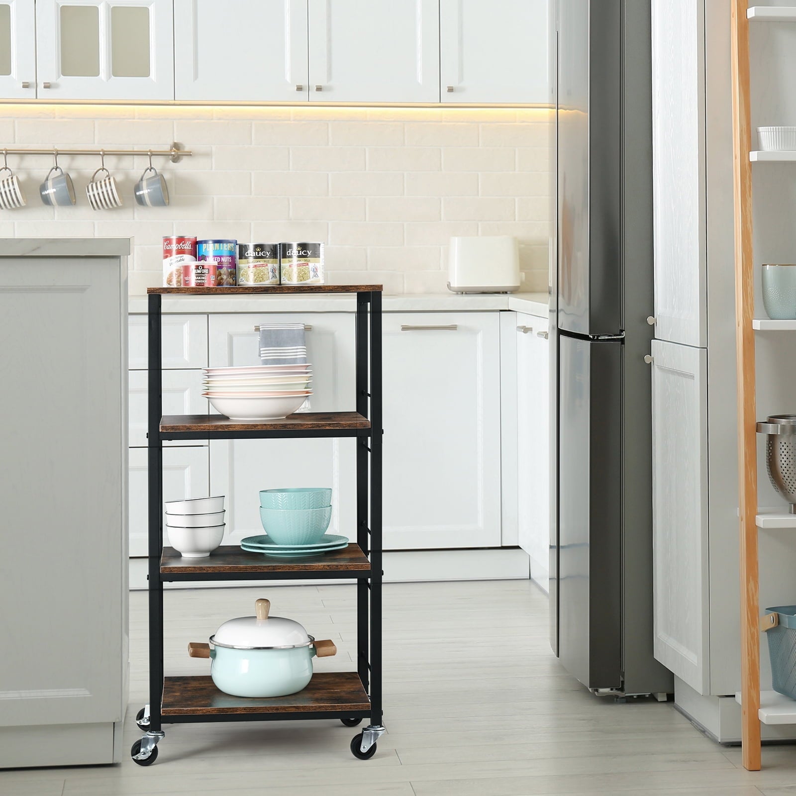 Standing Kitchen Utility Storage Shelf Rack， 4-Tier Kitchen Baker’s Rolling Cart on Wheels ，12.8