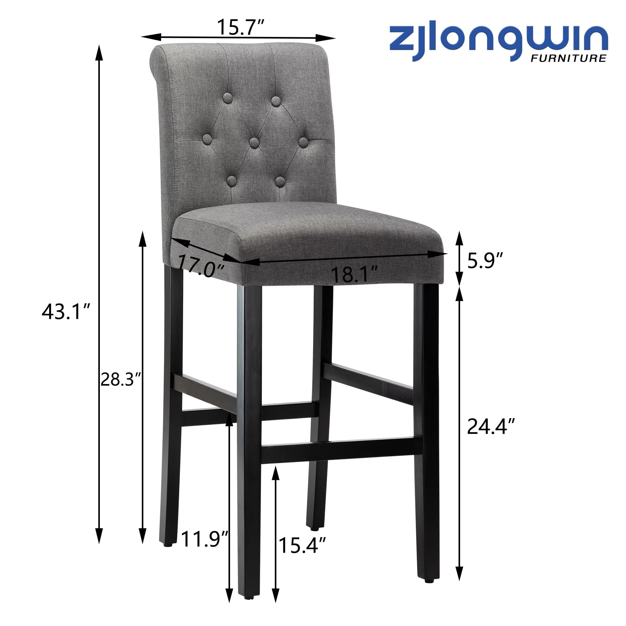 Bar Height Full Back Button Tufted Fabric Upholstered Bar Stool, Gray, Set of 2