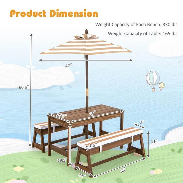 35 in. Brown Rectangle Fir Wood Kids Picnic Table and Chairs with Cushions and Height Adjustable Umbrella