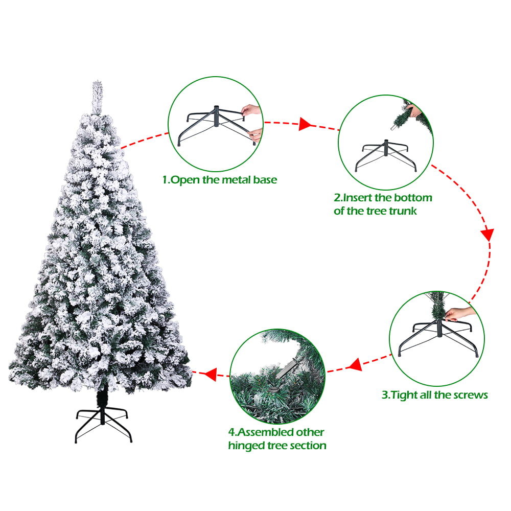 6ft Snow Flocked Christmas Tree, Artificial Hinged Fir Xmas Pine Tree with 750 Branches, White Christmas Frosty Tree for Holiday Festival Decoration
