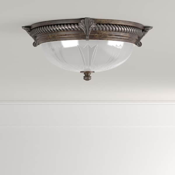 Bercello Estates 15 in. 2-Light Volterra Bronze Flush Mount with Etched Glass Shade