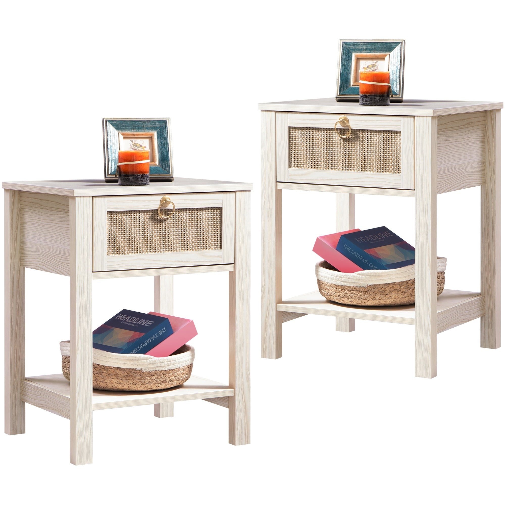Surmoby Farmhouse Rattan Nightstand Set of 2,Boho Bedside Tables with Storage Drawer and Open Shelf - Side Table End Tables for Bedroom or Living Room