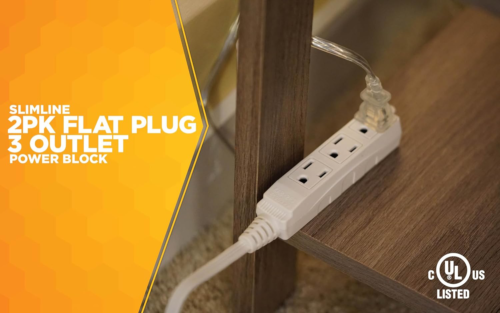 Woods Slimline 2232 Angled Flat Plug Extension Cord, Space Saving Flat Design, 3