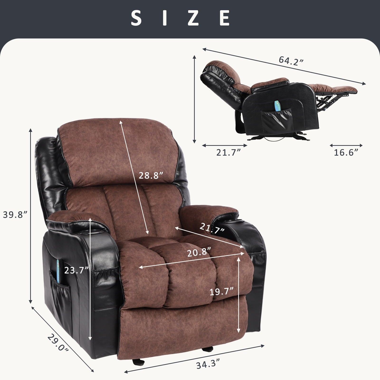 Leather Massage Recliner Chair, Modern Electric Power Rocker with Heated Massage, Ergonomic Lounge Chair, SEGMART Single Sofa Seat with Drink Holders for Living Room, Black and Brown
