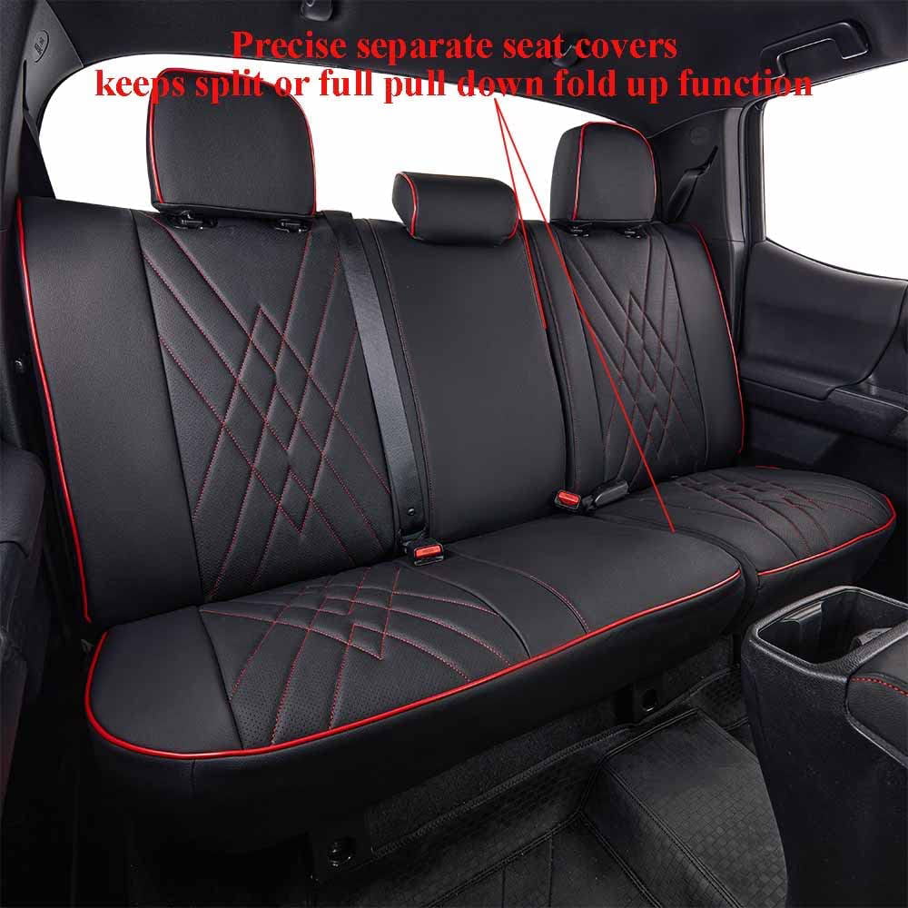 EKR Custom Fit Tacoma Leather Car Seat Covers for Toyota Tacoma 2016 2017 2018 2019 2020 2021 2022 2023 /Double Cab - Full Set,Leather(Black with Red Trim)