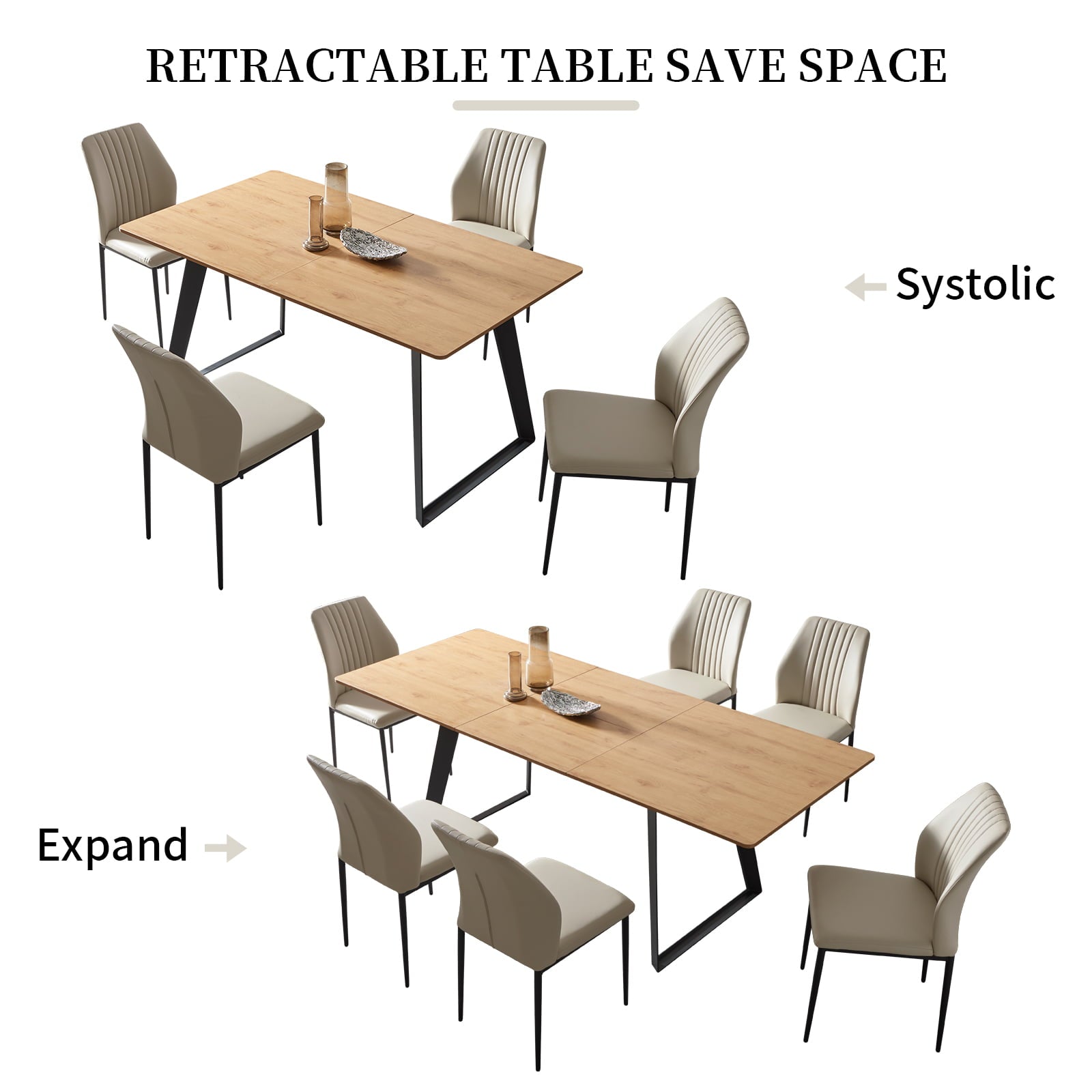 jiexi Modern mid-Century Dining Table Dining Table and Chairs for 6 Rectangular Wooden Dining Table Expandable Dining Table Space-Saving Multifunctional Dining Table