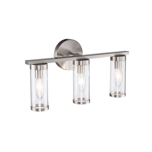 Loveland 16.625 in. 3-Light Brushed Nickel Bathroom Vanity Light Fixture with Clear Glass Shades