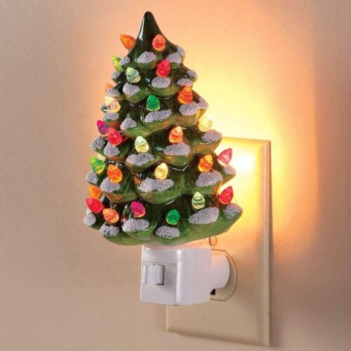 NEW 5" Snow Green and White Ceramic Christmas Tree Night Light Wall Socket Plug