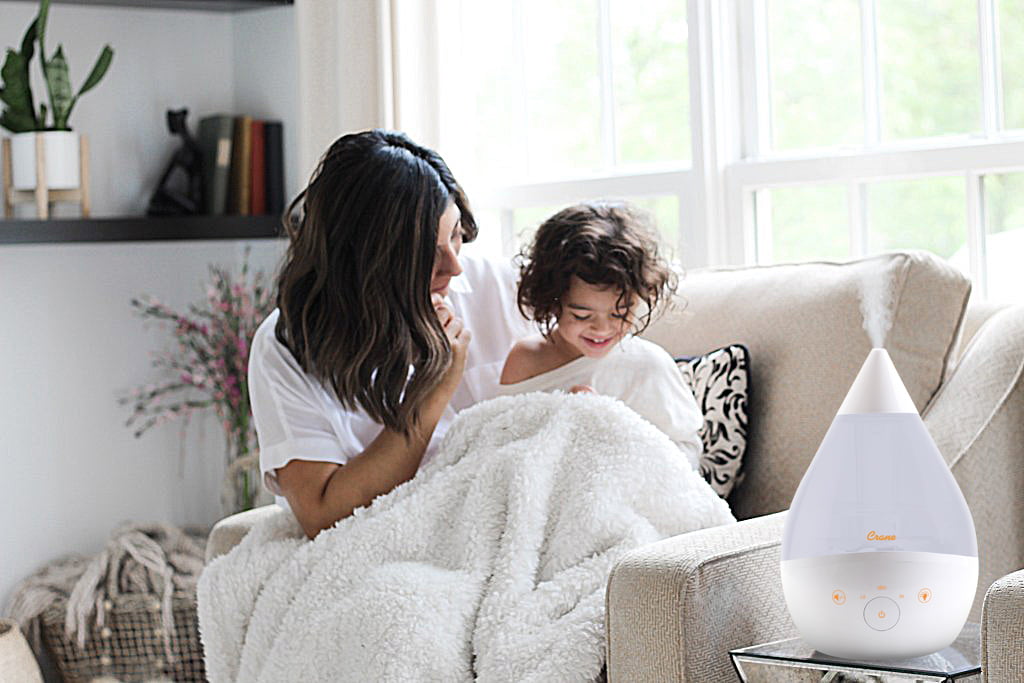Crane Top Fill Drop 1 Gallon Ultrasonic Cool Mist Humidifier with Sound Machine and Optional Nightlight - White