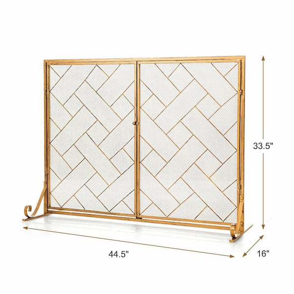 Gold Wrought Iron 2-Panel Fireplace Screen with Doors