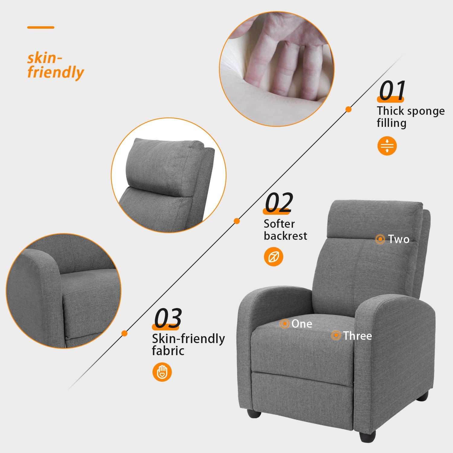 Vineego Fabric Single Massage Recliner Chair with Thick Seat Cushion and Backrest, Gray Fabric, Gray