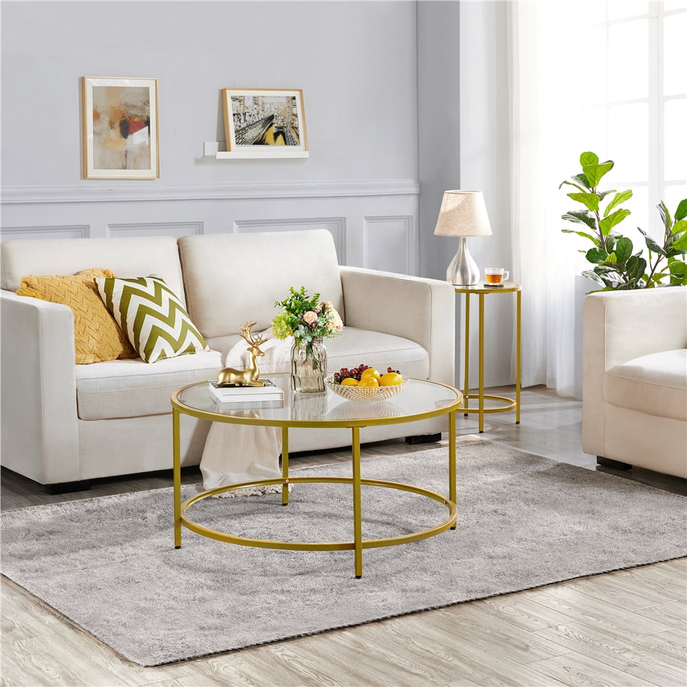 Alden Design Round Modern Glass-Top Coffee Table, Gold