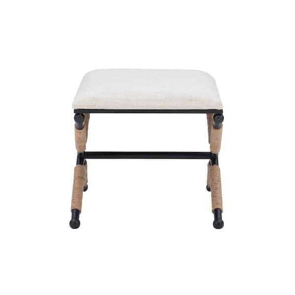 Nuddell Linen Upholstered Accent Stool with Black Metal Base and Rope Details