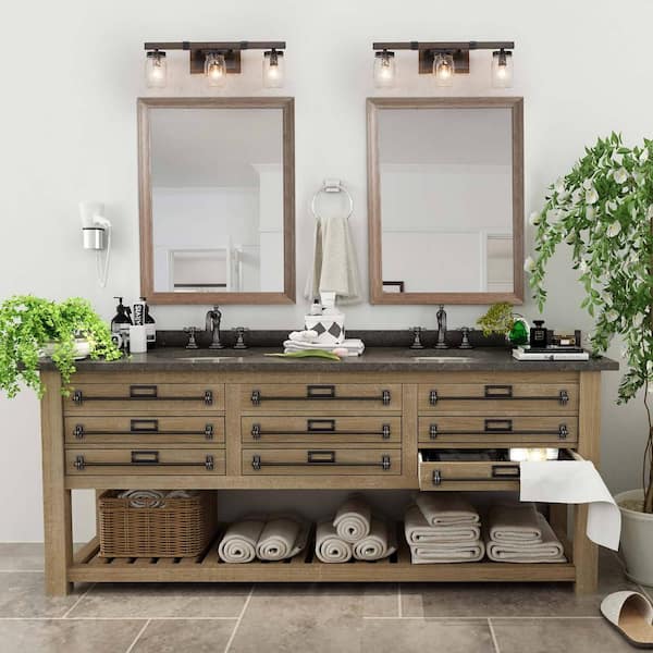 Modern Farmhouse Rust Black 3-Light Bathroom Vanity Light with Textured Faux Wood Accent and Mason Jar Glass Shades