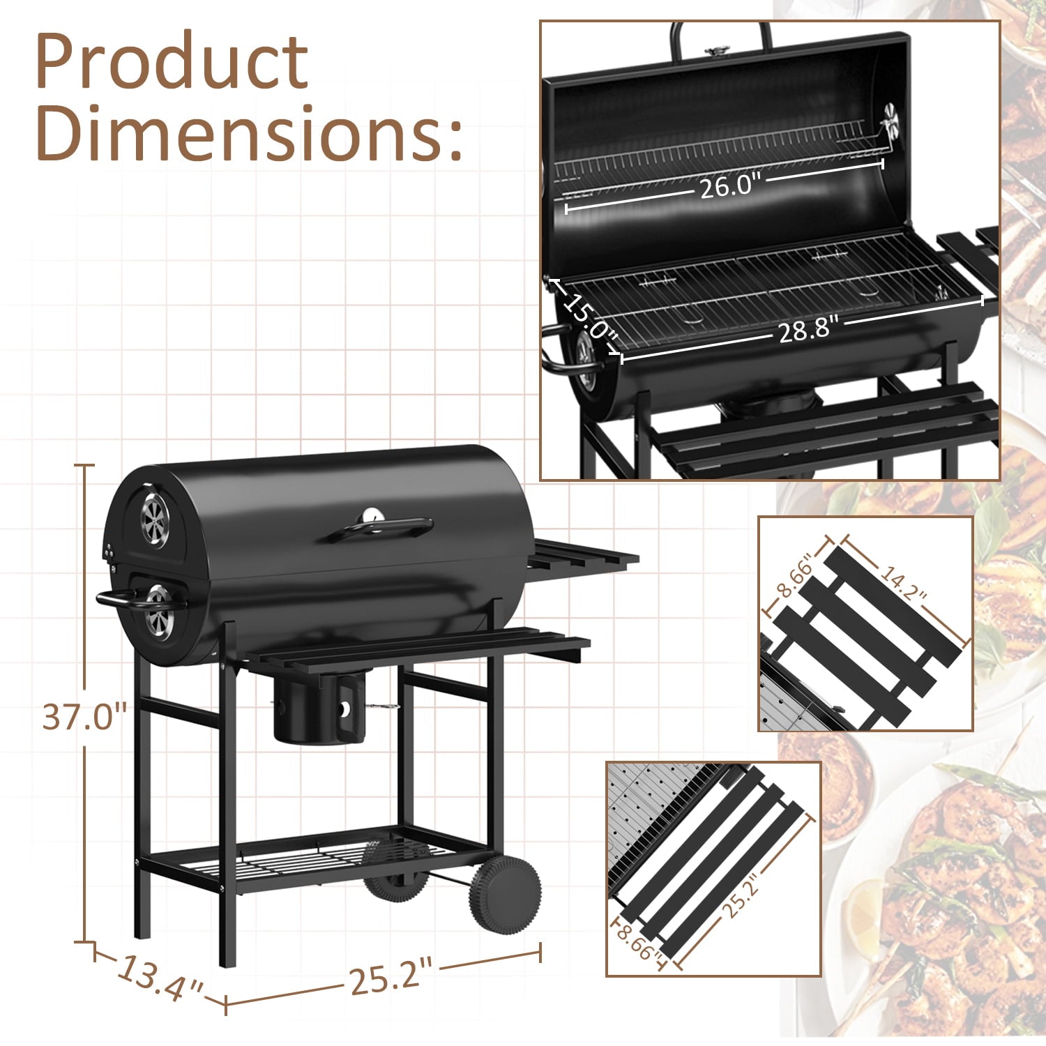 29¡± Barrel Outdoor Charcoal Grill with Side Shelf and Wheels, Black