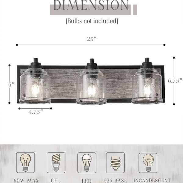 Modern 23 in. 3-Lights Black Bathroom Vanity Light, Farmhouse Wood Grain Wall Sconce with Clear Seeded Glass Shades