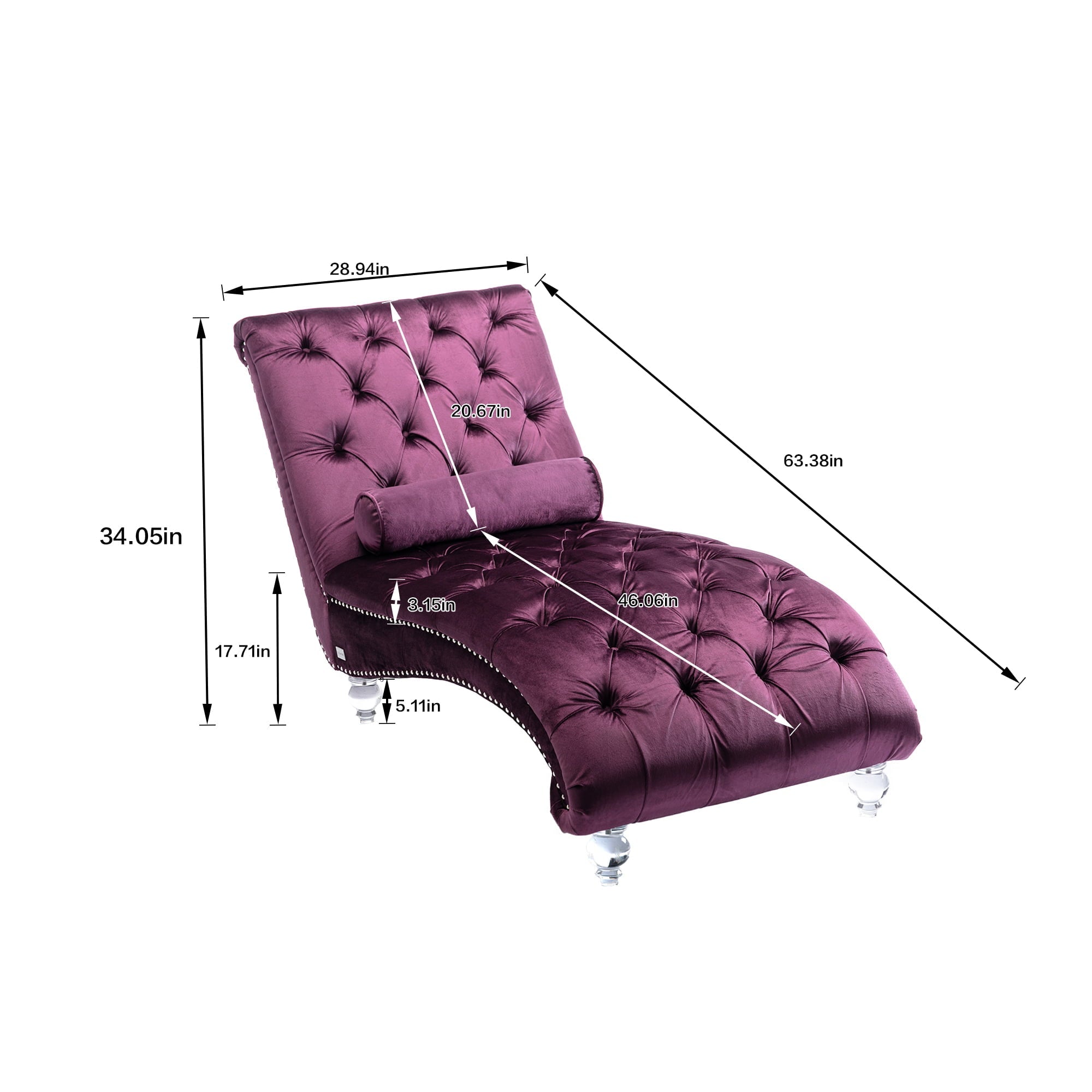 Velvet Chaise Lounge Chair, Modern Button Tufted Lounge Chair with Acrylic Legs and Nailhead Trim, Upholstered Sleeper Chair with Toss Pillow for Living Room Bedroom, Purple