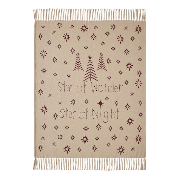 Star of Wonder Tan Burgundy Primitive Trees Stars Woven Throw Blanket