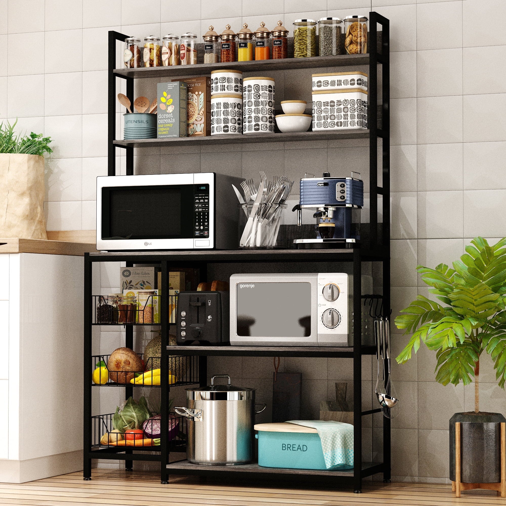 NAIYUFA Kitchen Bakers Rack with Baskets,5-Tier Utility Storage Wood Shelf with Hooks, Microwave Oven Stand Rack,Vintage Grey