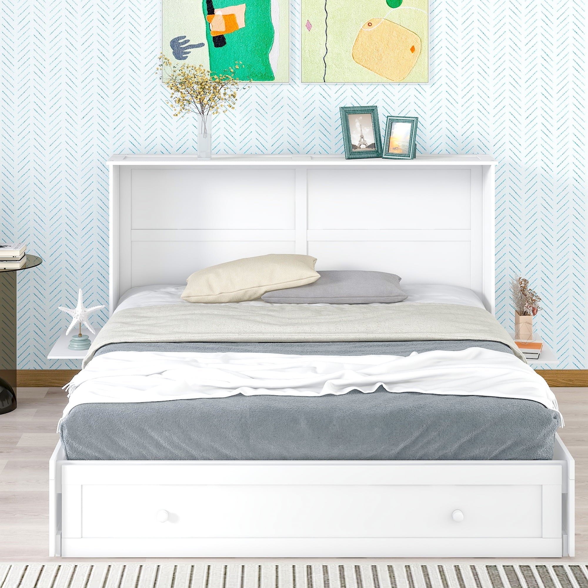 Euroco Queen Size Murphy Bed with Shelf and Drawer, Convertible into a Cabinet for Living Room, Space-Saving & Easy Open and Close, White