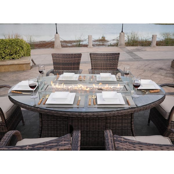 Turnbury 47 in. x 71 in. Propane Oval Wicker Gas Fire Pit Table with Tempered Glass Surround