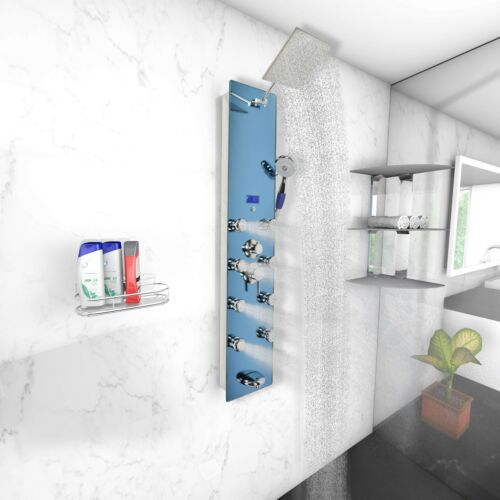 New Blue Tempered Glass Stainless Steel Shower Overhead LCD Panel 8 Massage Jets