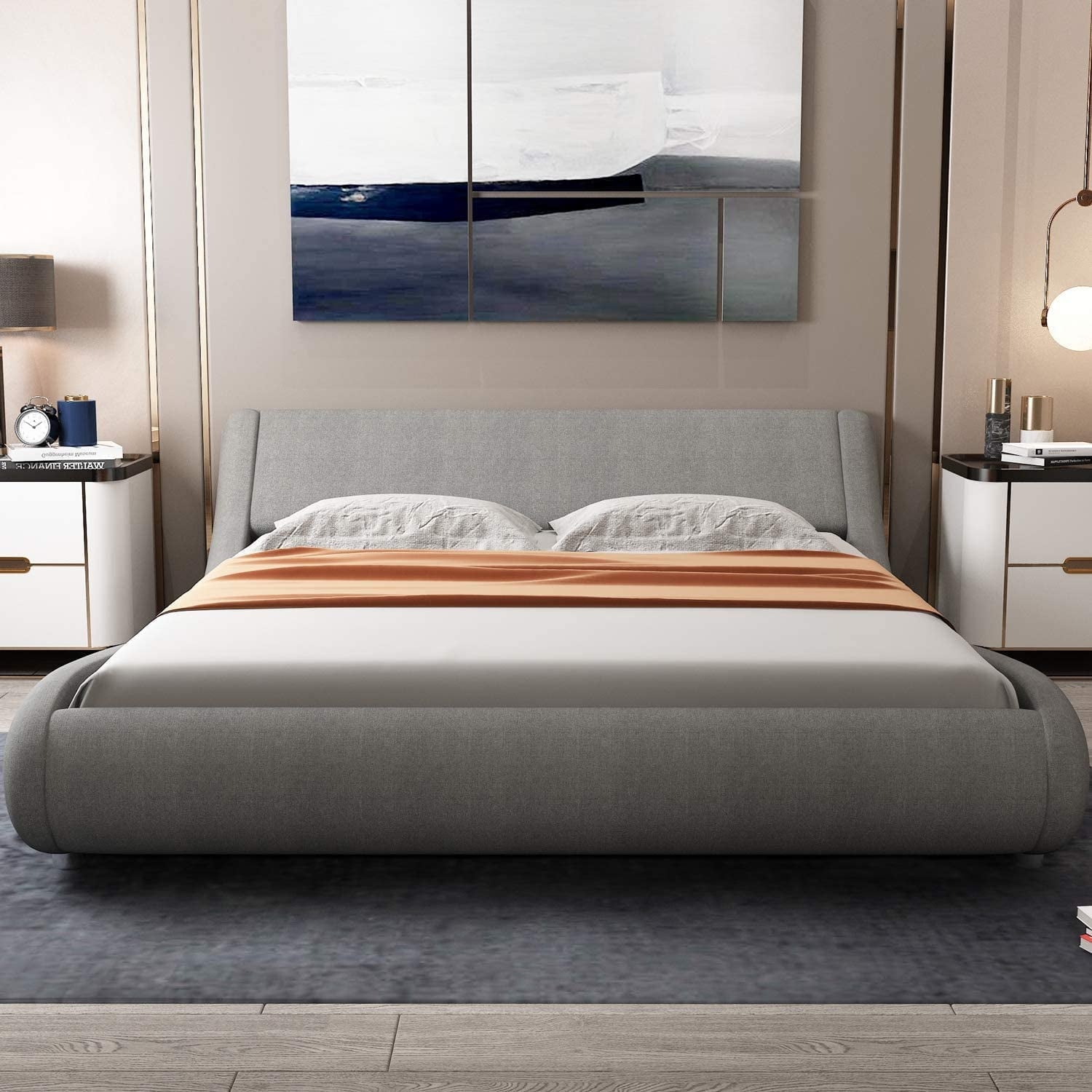 Allewie Full Size Platform Bed Frame with Curved Adjustable Headboard, 100% Fabric Upholstered Style, 10'' Mattress Recommended, Grey