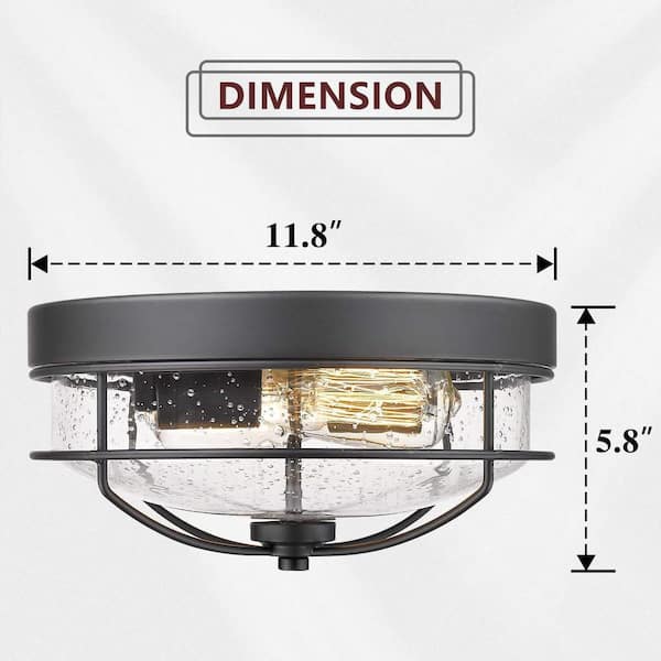 12 in. 2-Light Farmhouse Black Ceiling Light Fixture with Seeded Glass Shade Flush Mount