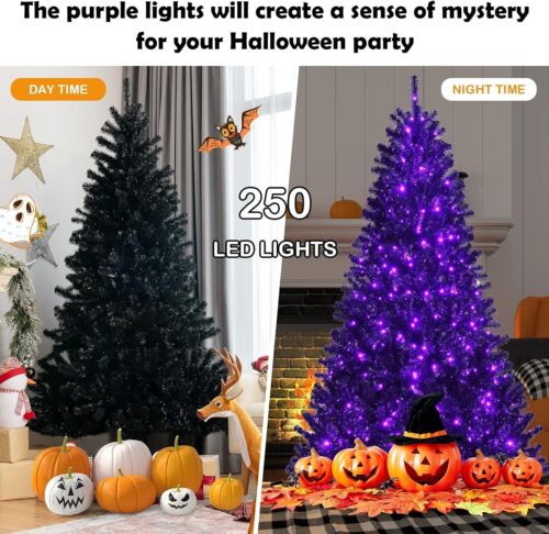 6ft Pre-lit Black Christmas Tree, Hinged Artificial Tree w/ 250 Purple