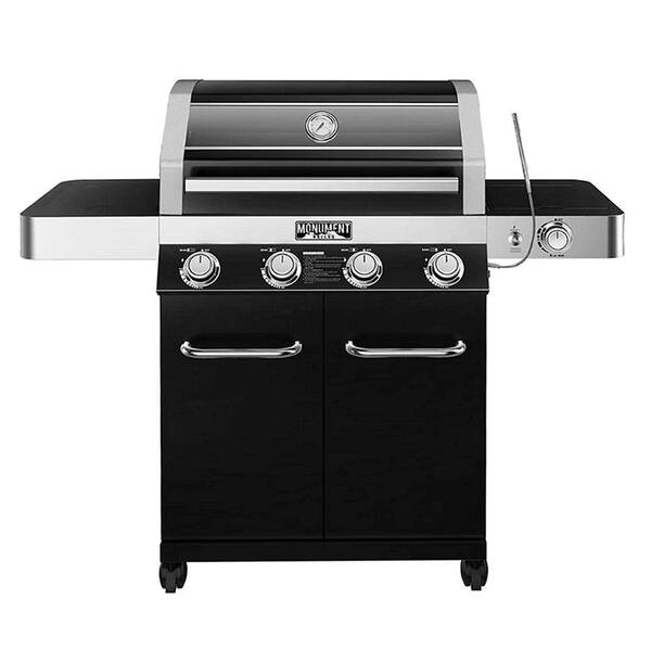 4-Burner Propane Gas Grill in Black with ClearView Lid, LED Controls, Side Burner and USB Light