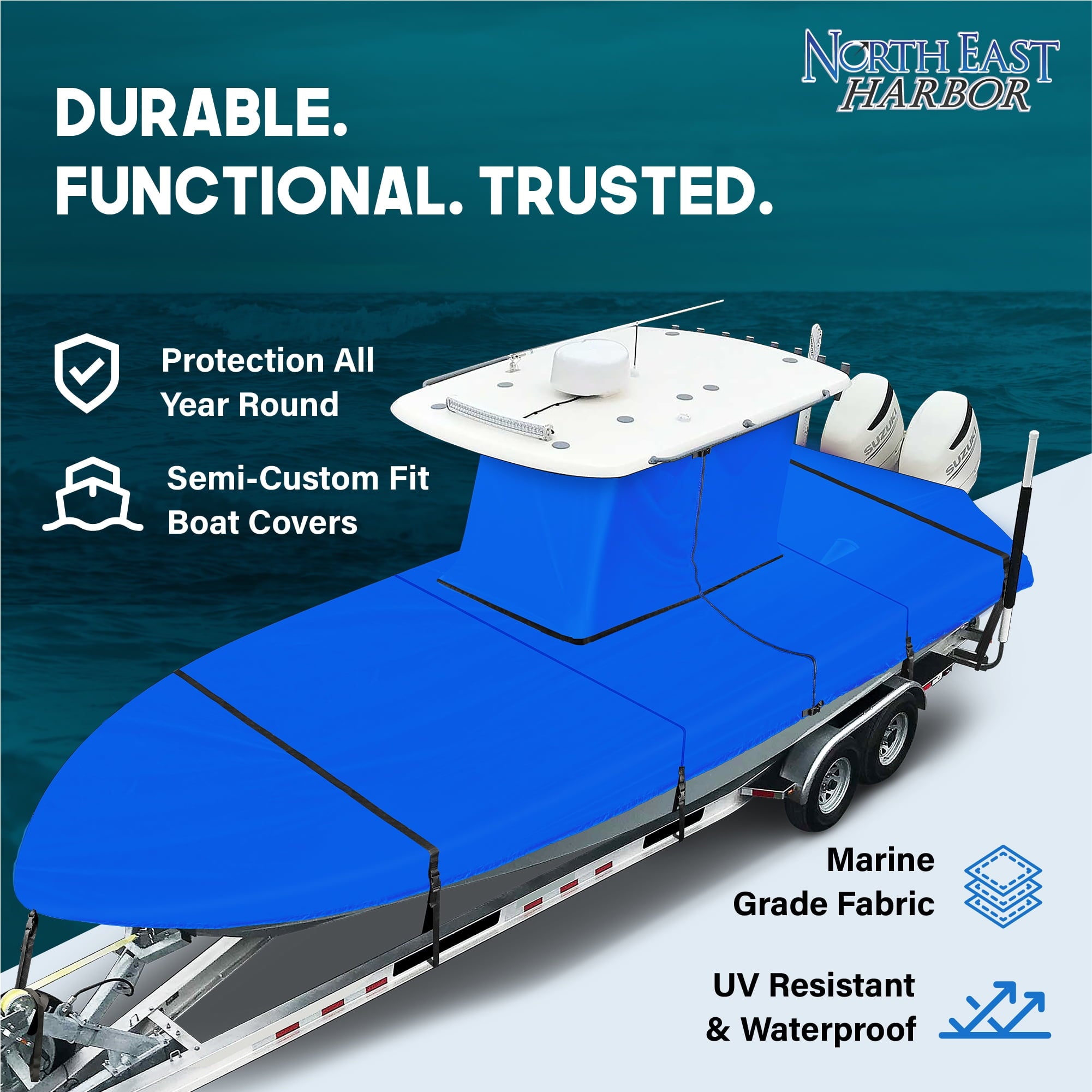 NEH T-Top Boat Cover 20-22ft, Thick Heavy Duty Fabric, Fade-Proof, Rip Resistant, Waterproof, Trailerable, Hard Top Center Console Cover, Pacific Blue