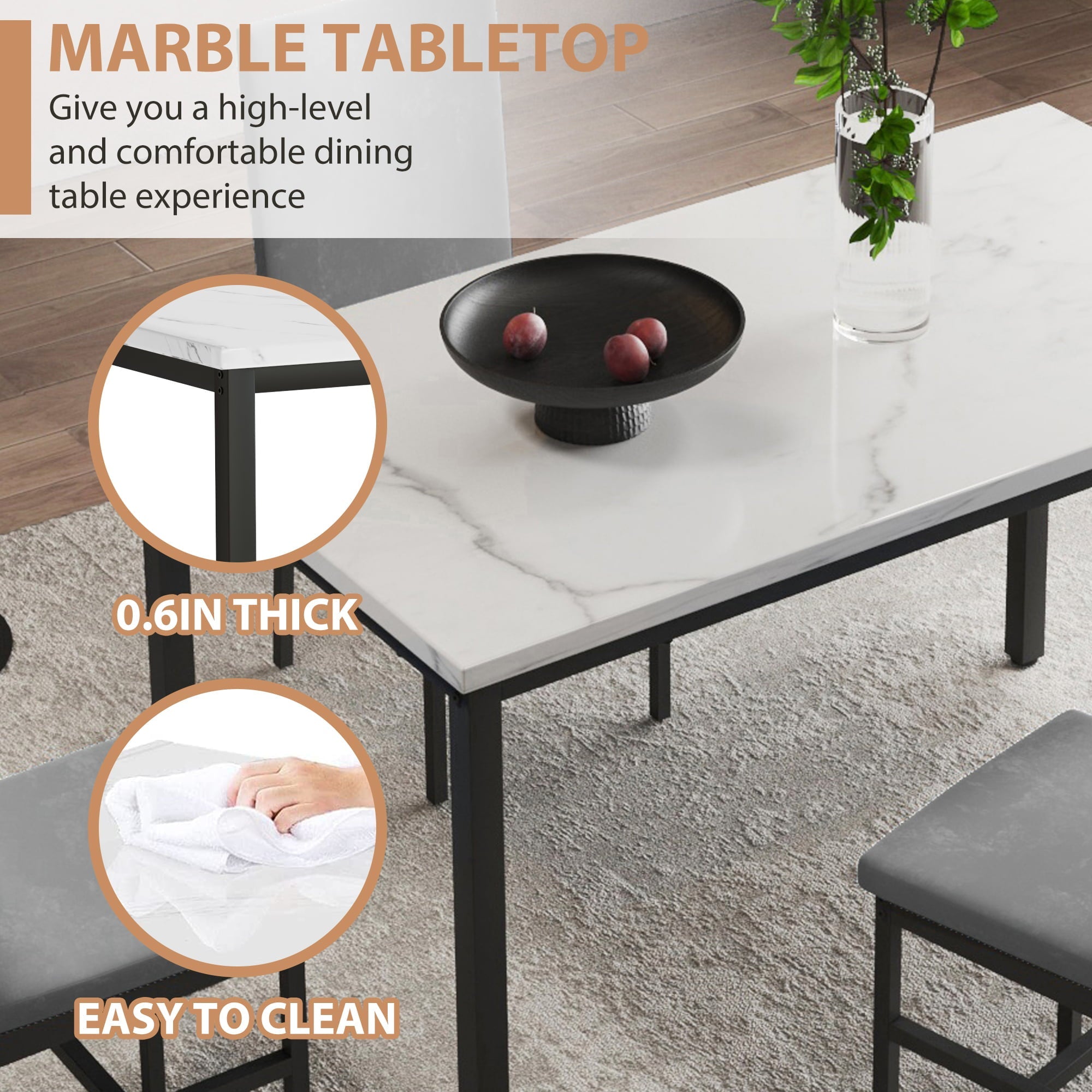 uhomepro 5 Pieces Dining Table Set, Elegant Marble Top Kitchen Table and Chairs for 4, Metal Frame Table and 4 Velvet Upholstered Chairs Perfect for Kitchen Breakfast Nook Bar Small Apartment