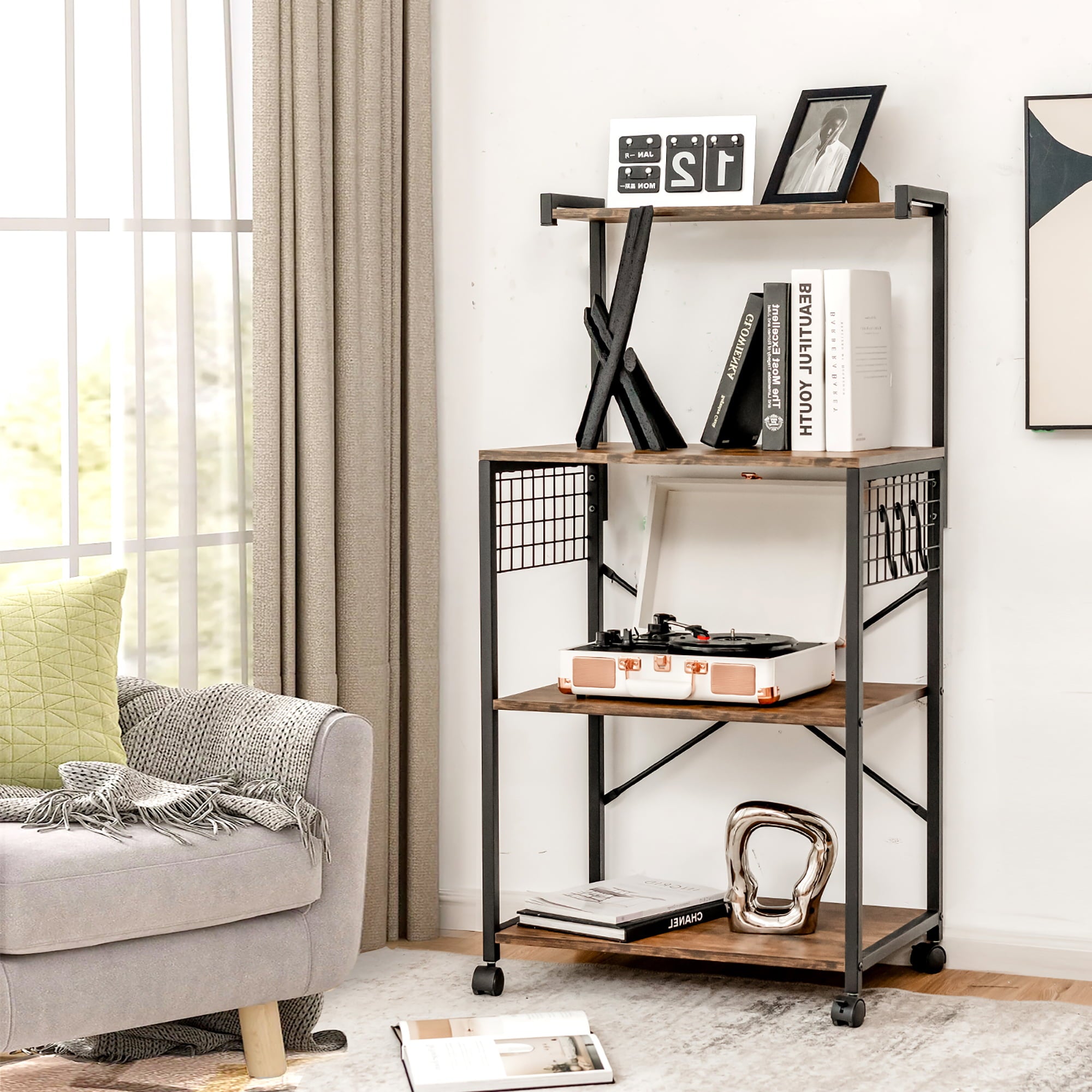 Costway 4-Tier Rolling Bakers Rack Industrial Utility Microwave Oven Stand Cart w/ Hooks